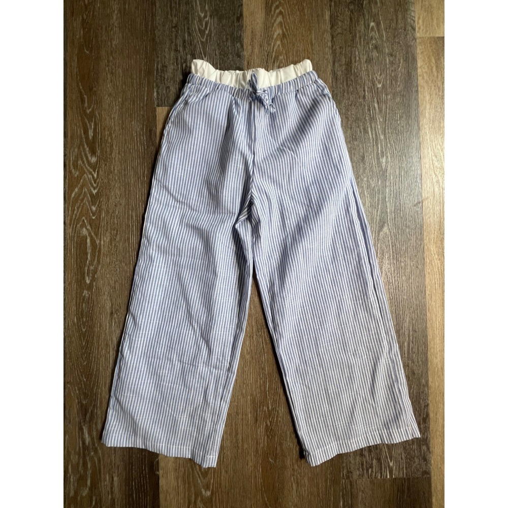 Shein‎ Seersucker Pants Kids Size 8Y Blue White Striped Wide Leg Elastic Waist
